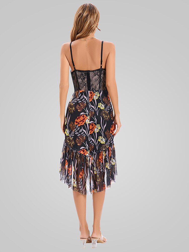 FLOWY RUFFLE HIGH LOW LACE PANEL SLEEVELESS CORSET DRESS - FLORAL