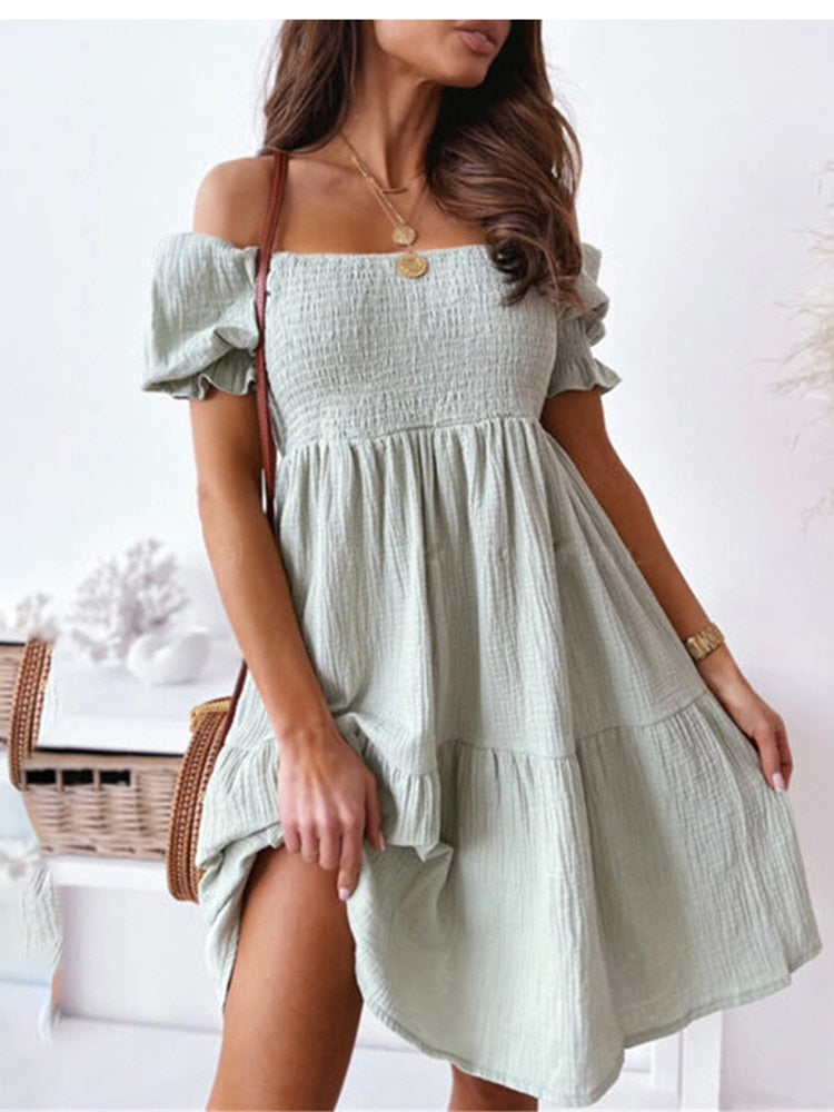 Mini Dress Off Shoulder Ruffle Women Elastic Solid Color Short Sleeve Slash Neck Dress Waist Dress for Dating